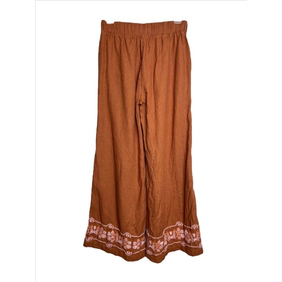 Spartina 449 Linen Pants S Brown Rylene Wide Leg Palazzo Floral Embroidered - Picture 3 of 8